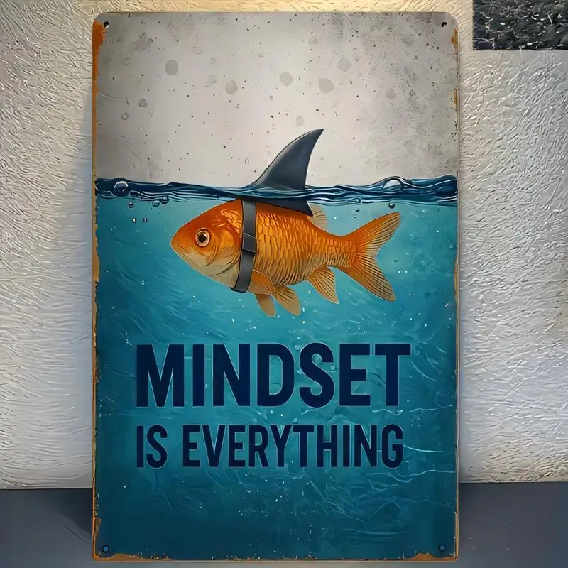 Vintage Metal Tin Sign - Goldfish w/ Shark Fin & MINDSET IS EVERYTHING Quote, Retro Motivational Wall Art (Blue/Orange) - Iron,