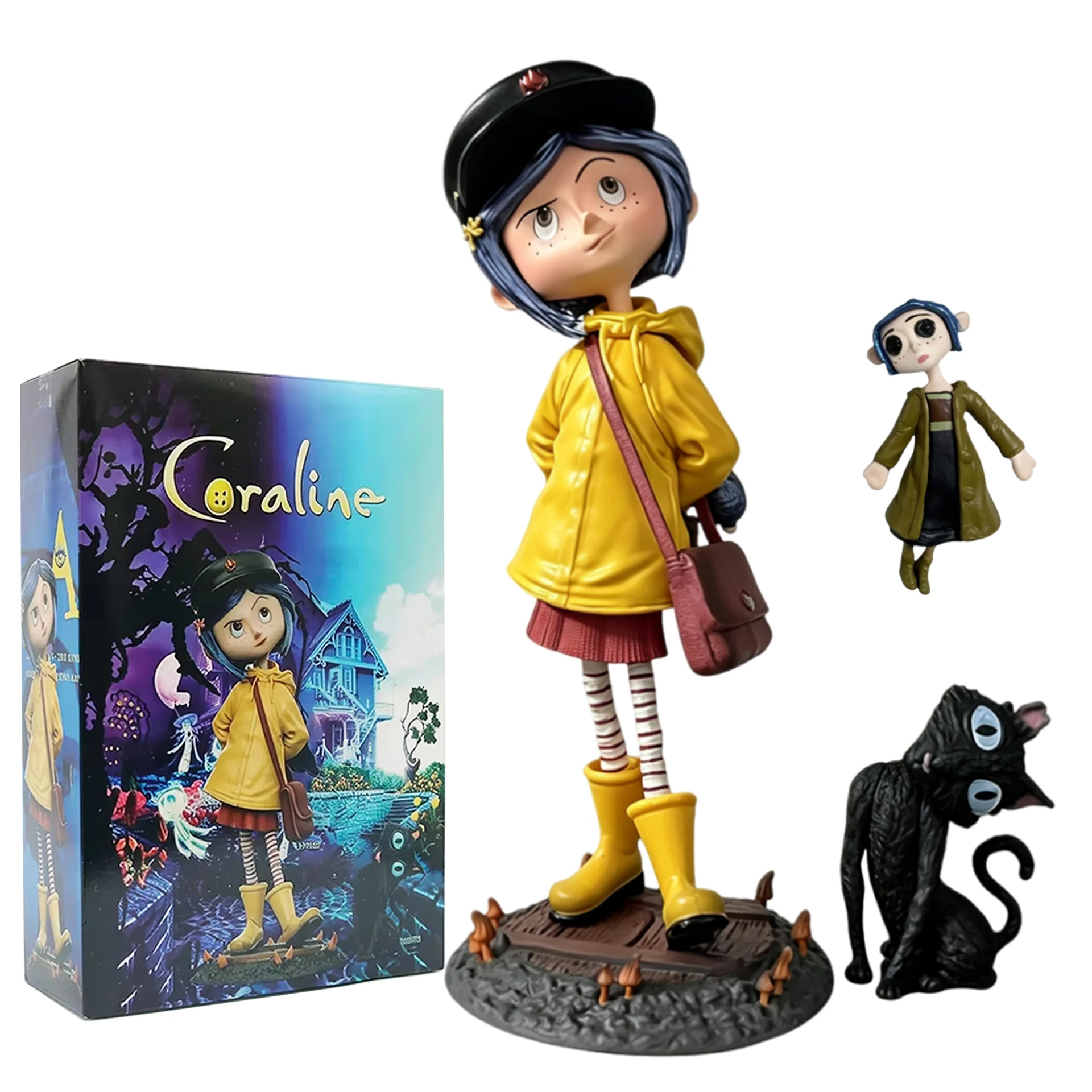 Figura de acción de Coraline Jones para Halloween, muñeca de PVC con impermeable amarillo y gato negro, modelo coleccionable con temática de película de terror, ideal como regalo.