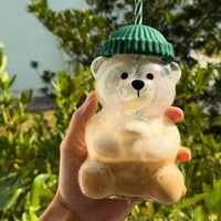 Transparent cute Bear Glass Bottle 2025 New Cute Animal Beverage Cup with Green Lid Holiday Christmas For a friendGift