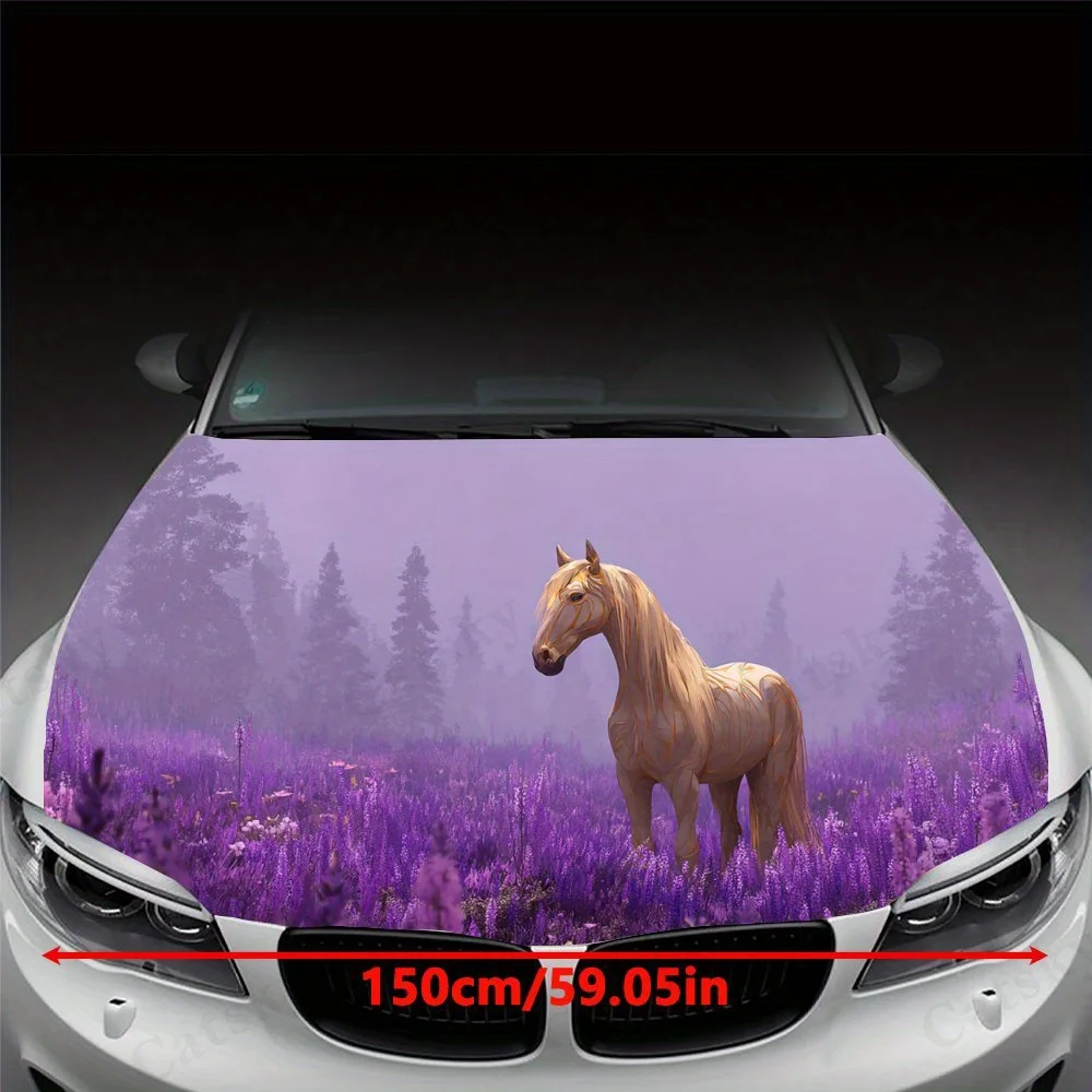 Horse Walk Purple Flower Field Car Hood Sticker PVC Self Waterproof Stick, Striking Auto Exterior Accessories Decor Protect Gift