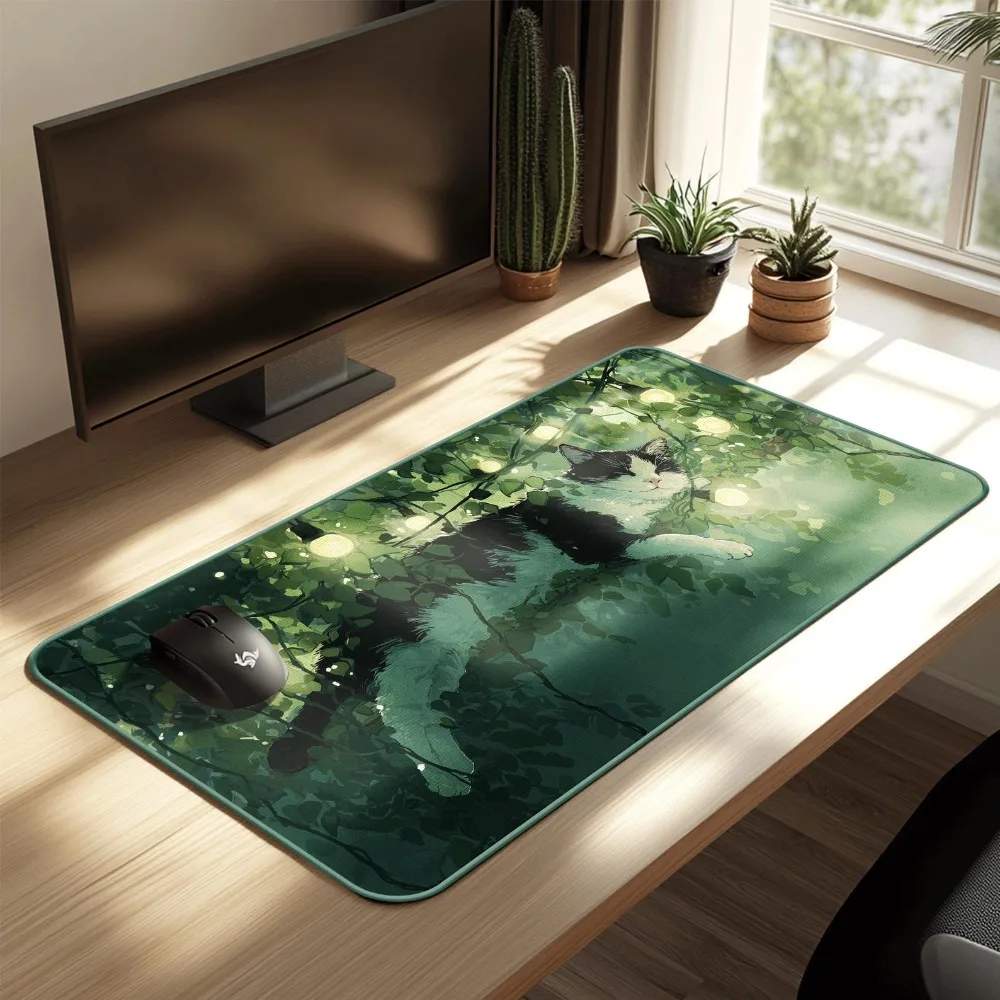 Relaxed Lofi Cat Gift Desk Pad Cozy Green Cat Large Gaming Pad Calm Desk Aesthetic desk organizers and trays alfombrillas gaming