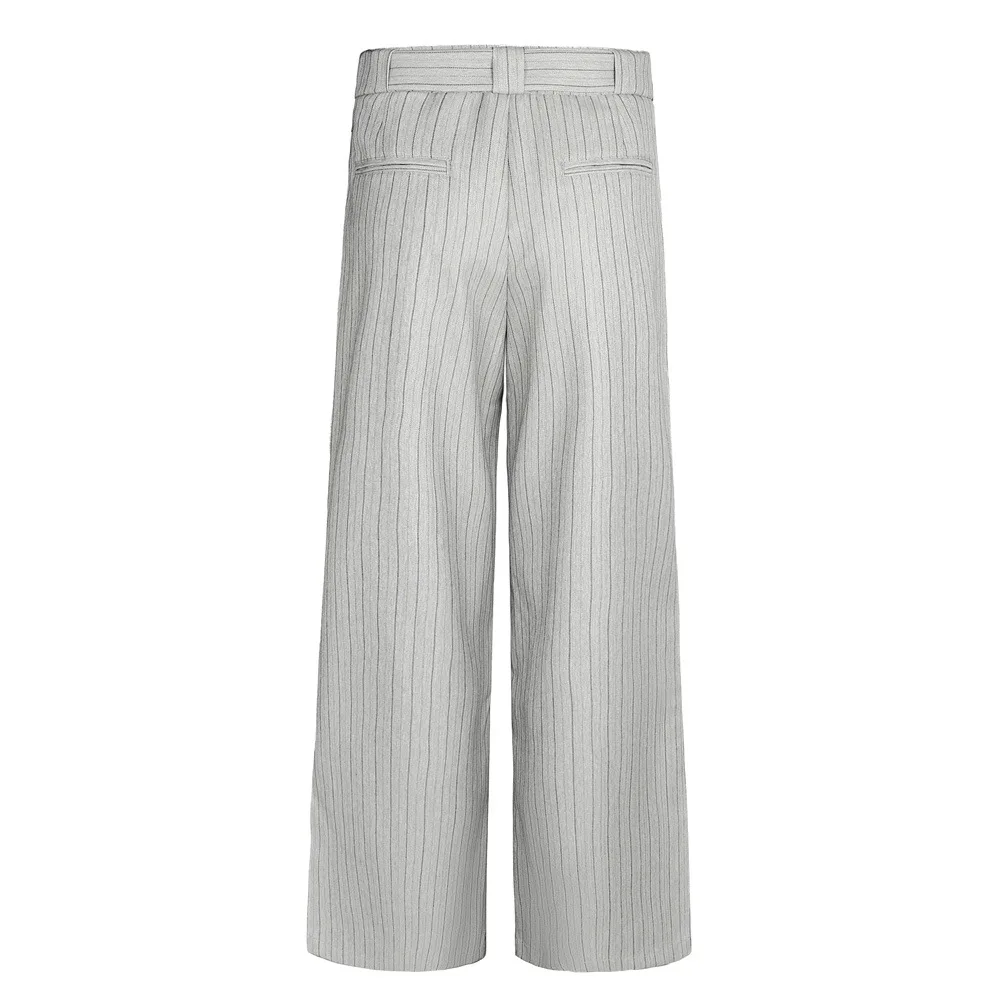 MWJLPWQ Vertical Striped Casual Trousers For Men Street Fashion With Belt Pleated Buttoned Loose Wide-Leg Straight Pants 20883