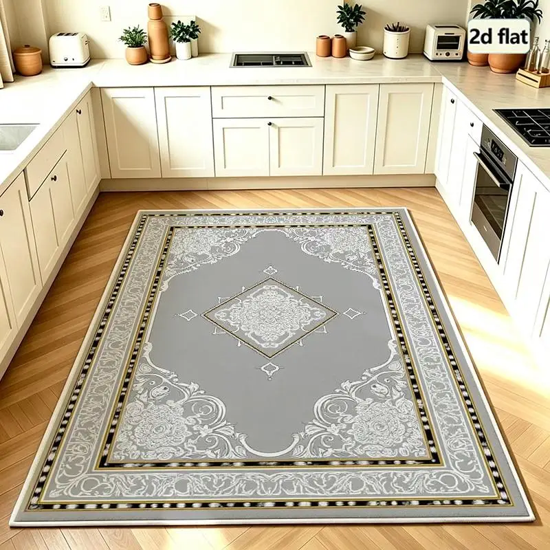 Grey White Carved Floral Carpet Flooring Square Noble Classic Area Rug for Hallway Home Decor