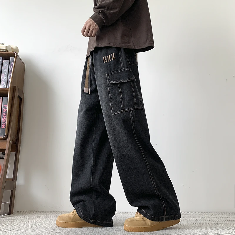 American Retro Workwear Jeans Men 2026 Spring Autumn New Style Loose Washed Embroidered Straight Wide Leg Long Pants South Korea