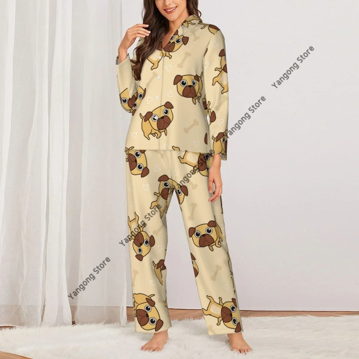 Pug Dog Pattern Womens Pajamas Loungewear Two-piece Sleepwear Button-Down Full Sleeve Long Pajamas Set