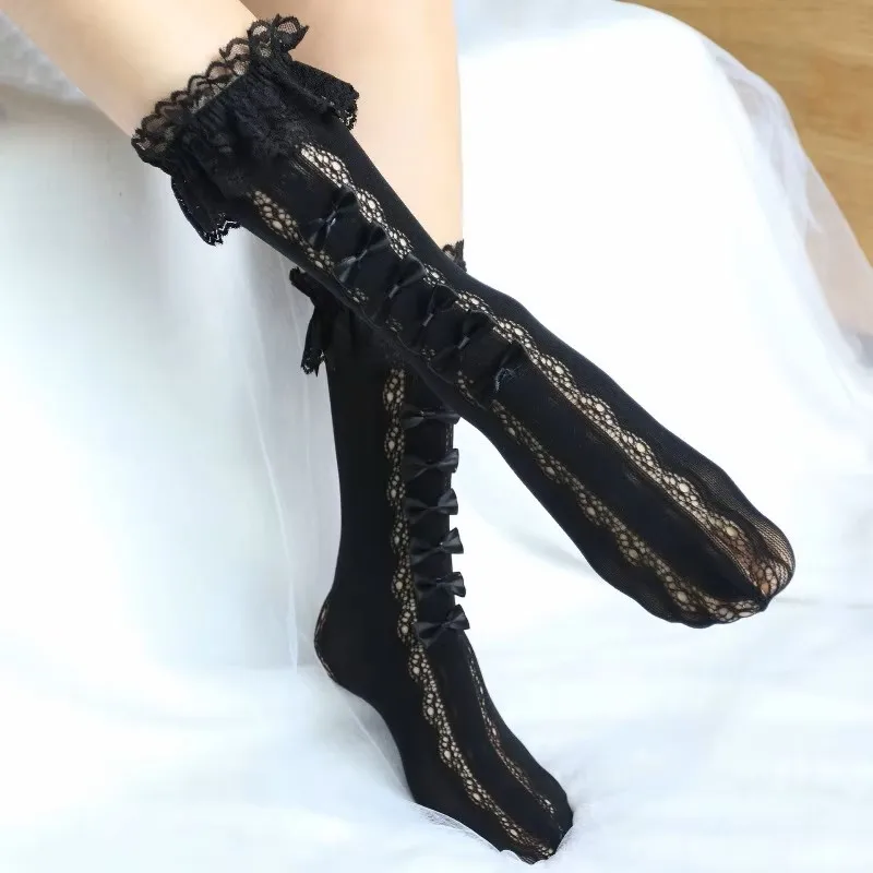 1 زوج من القوس على شكل منتصف طول جوارب JK الفتيات الدانتيل جوارب الدانتيل لوليتا الأميرة كوا طويلة طول مقوس دانتيل على شكل جوارب