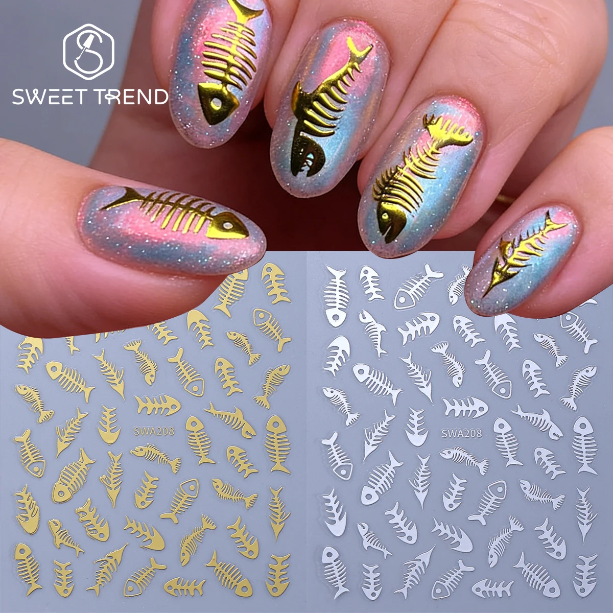 2pcs Gold Silver Fishbone Nail Sticker Metal Design Summer Ocean Style Adorable Decals Simple Fish Image Trending Manicure Decor
