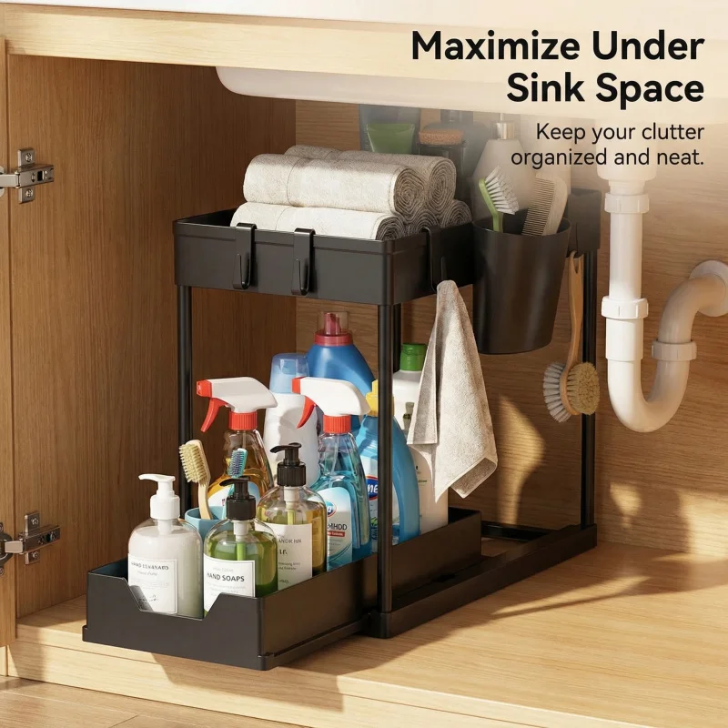 2 Tier Under Sink Sliding Cabinet Basket Organizer Storage Rack with Hooks Hanging Cup Bathroom Multifunctional Storage Rack