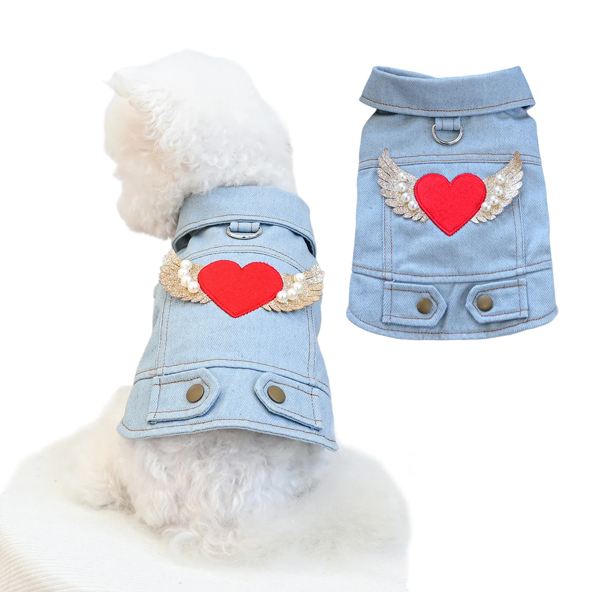 

New Heart Wings Design Dog Denim Jacket with Pearl Pet Vest Cool Clothes Durable Jeans Coat for Small Medium Dogs