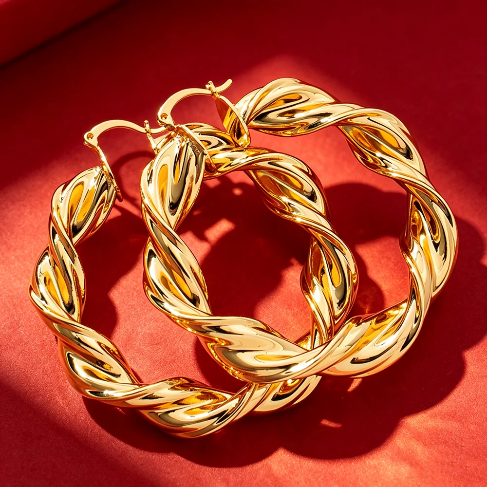 18K Gold Plated Twist Braided Chunky Gold Hoop Earrings Large Round Circle Loop Earrings Women Party Daily Gift