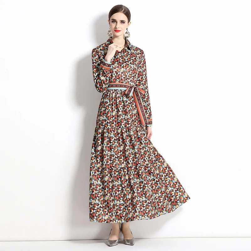 2024 Autumn New Women\'s European and American Versatile Waist and Slimming Letter Positioning Printed Dress A-line Long Dress
