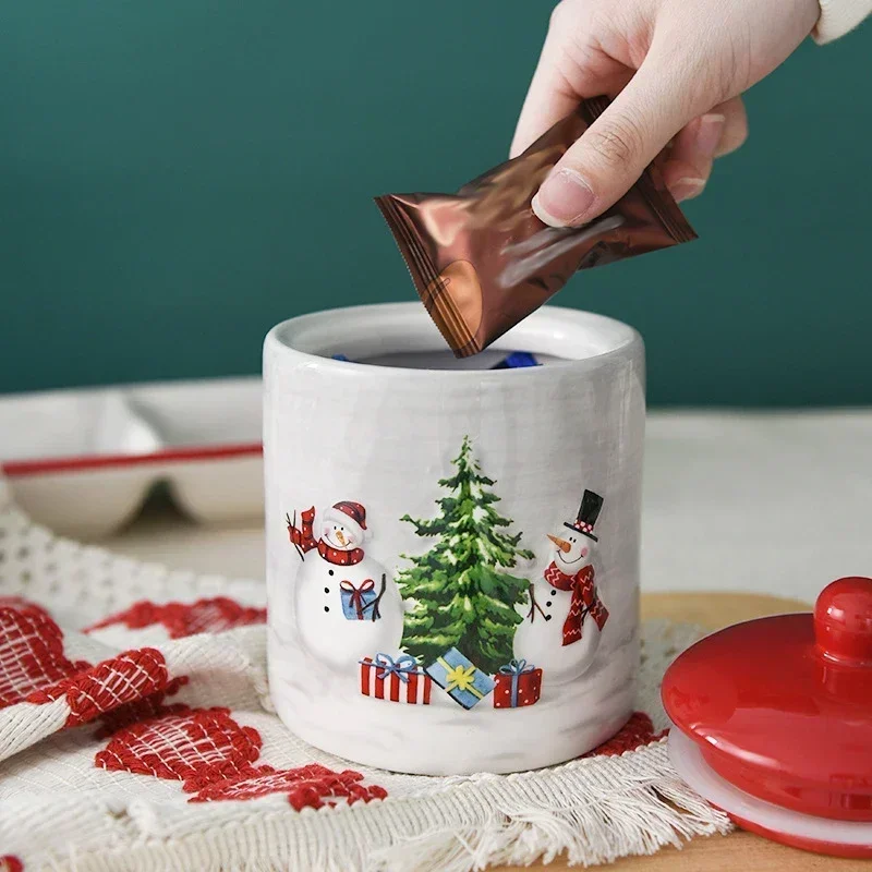 Christmas Snowman Porcelain Jar Creative Large Round Sealed Food Container Ceramic Snack Cookies Storage Kitchen Tools for Gifts