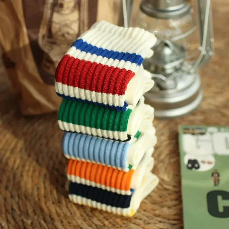 Men's Striped Basketball Medium Tube Socks Vintage Unisex Female Couple Cottons Japanese Thick Towel Bottom Male Sports Socks
