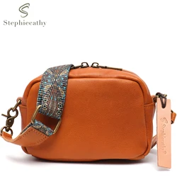 SC Vintage Bohemia Style Women Genuine Leather Shoulder Handbags Casual Soft Real Cowhide Zipper Purses Wide Strap Crossbody Bag