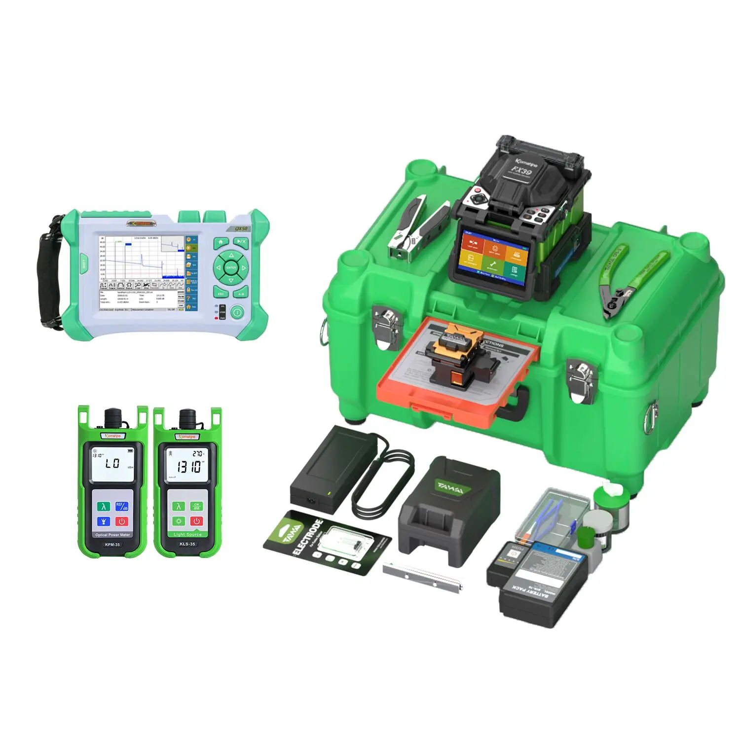 ARC FTTH Fiber Optical Fusion Splicer Komshine FX39 with 6 Motors+QX50 SM 1310/1550nm OTDR w/ 10mw VFL+Fiber Loss Tester OPM&OLS