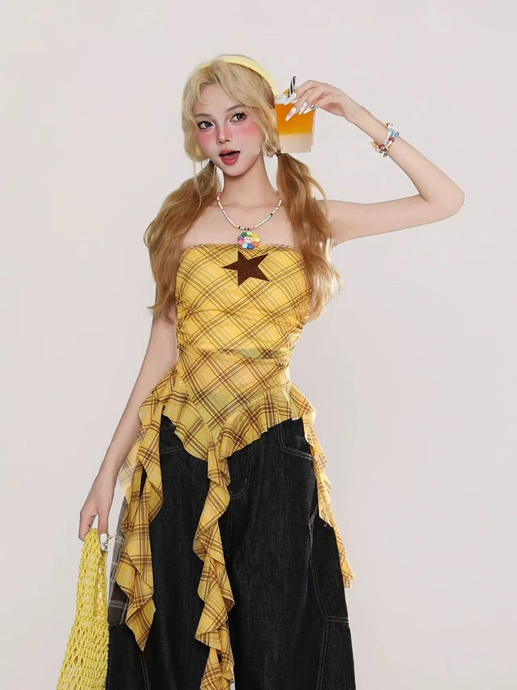 Star Embroidered Plaid Strapless Top Women Y2K Fashion Irregular Sexy Slim Camis American Streetwear Hot Girl Sleeveless Tops
