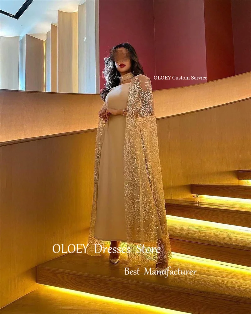 OLOEY Saudi Arabic Women Champagne Evening Dresses Lace Jacket Glitter Long Sleeves Strapless Dubai Maxi Formal Party Prom Gowns