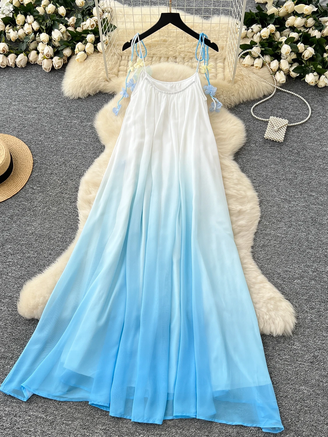 Letnia, zwiewna spódnica w kolorze druhny, z luźnymi ramiączkami, wysokim stanem, o kroju litery A, długa, z kwiatowym wzorem 3D, w stylu koreańskim, idealna do pracy.