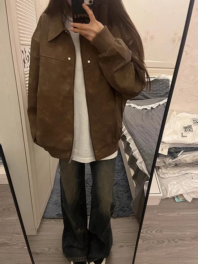 

Vintage Brown PU Leather Jaet Men's Spring Autumn American Retro Flip Collar Motorcycle Workwear Jaet Zipper Decoration