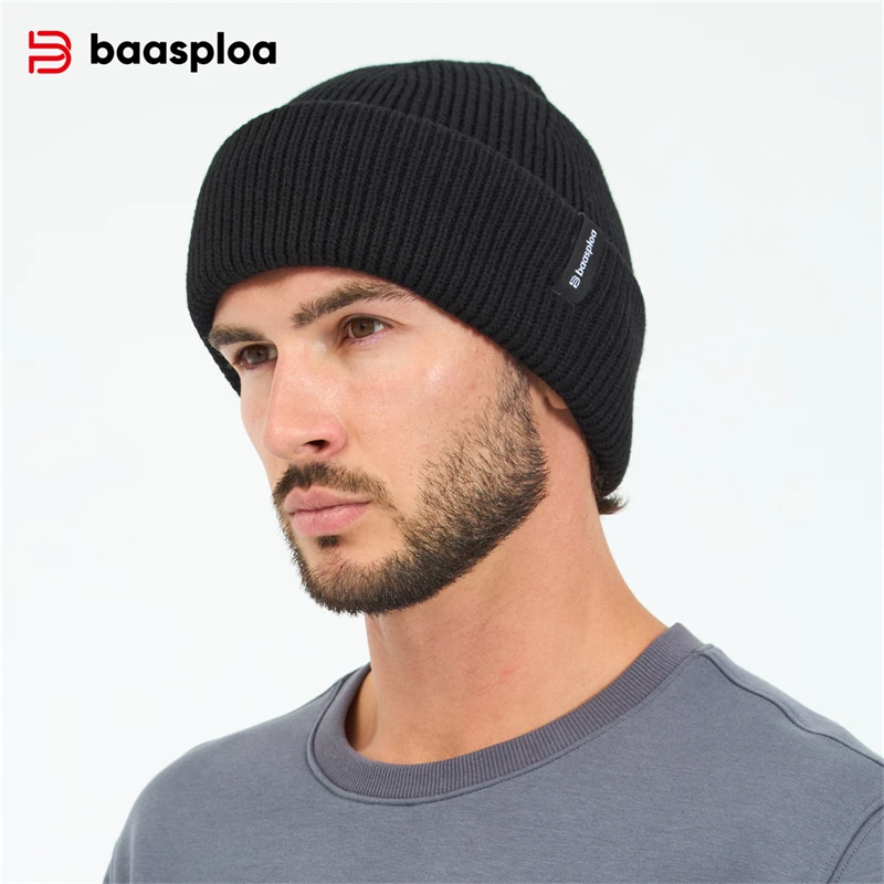 Baasploa Men Knitted Hat Brand Comfort Warm Brimless Hats for Men Casual Fashion Solid Caps Beanie Wool Autumn Winter Male