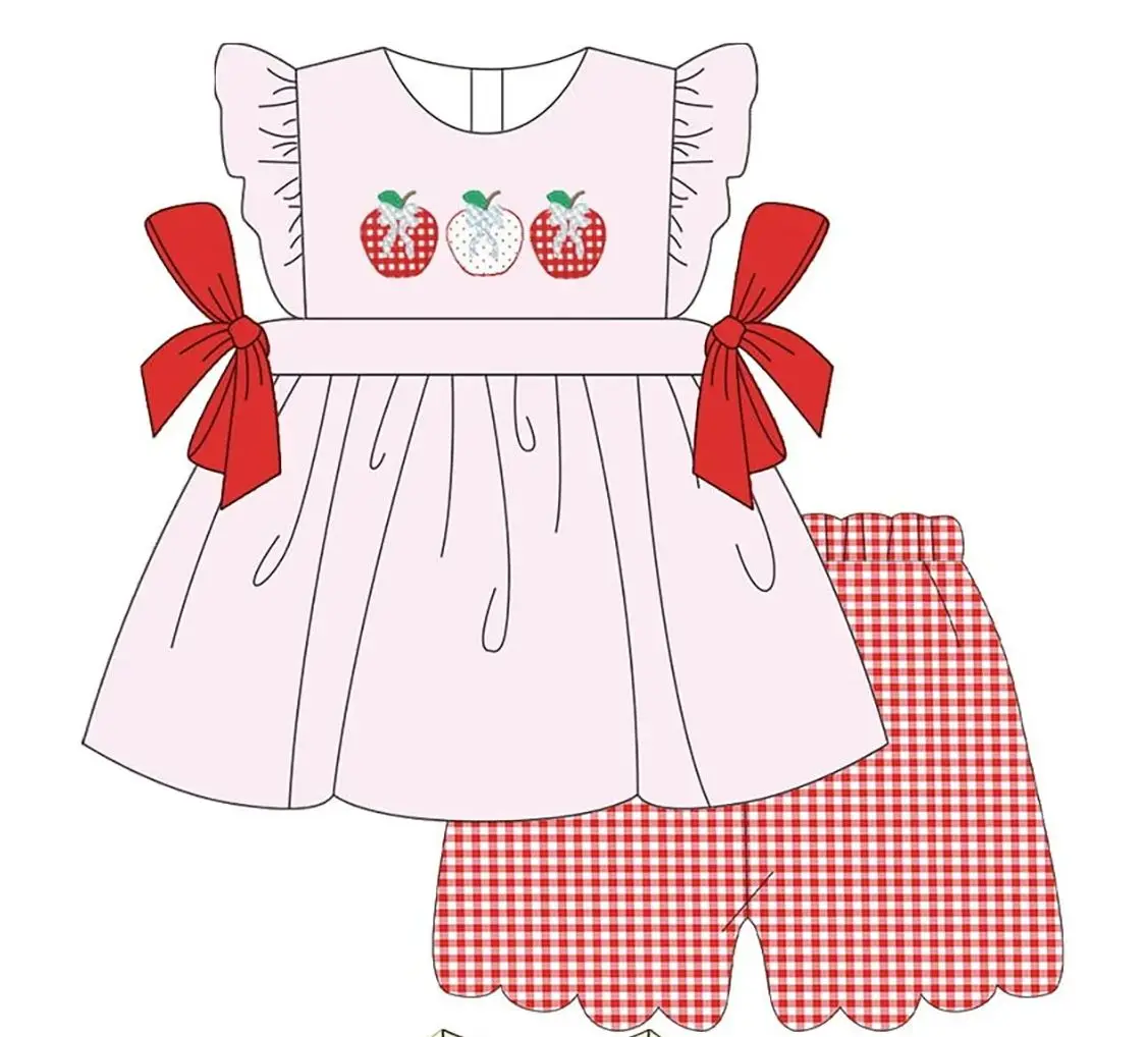 Toddler Boy Apple Set Girl Ruffle Bow Gingham Shorts Outfits Cute Back to School Casual Dress