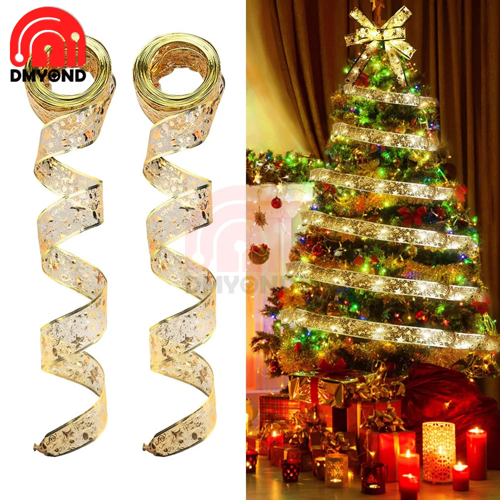 LED Ribbon Lights Christmas Tree Ornaments Gold String Lights Lace Bow For Navidad Home New Year Christmas Decoration 2023 Lamp