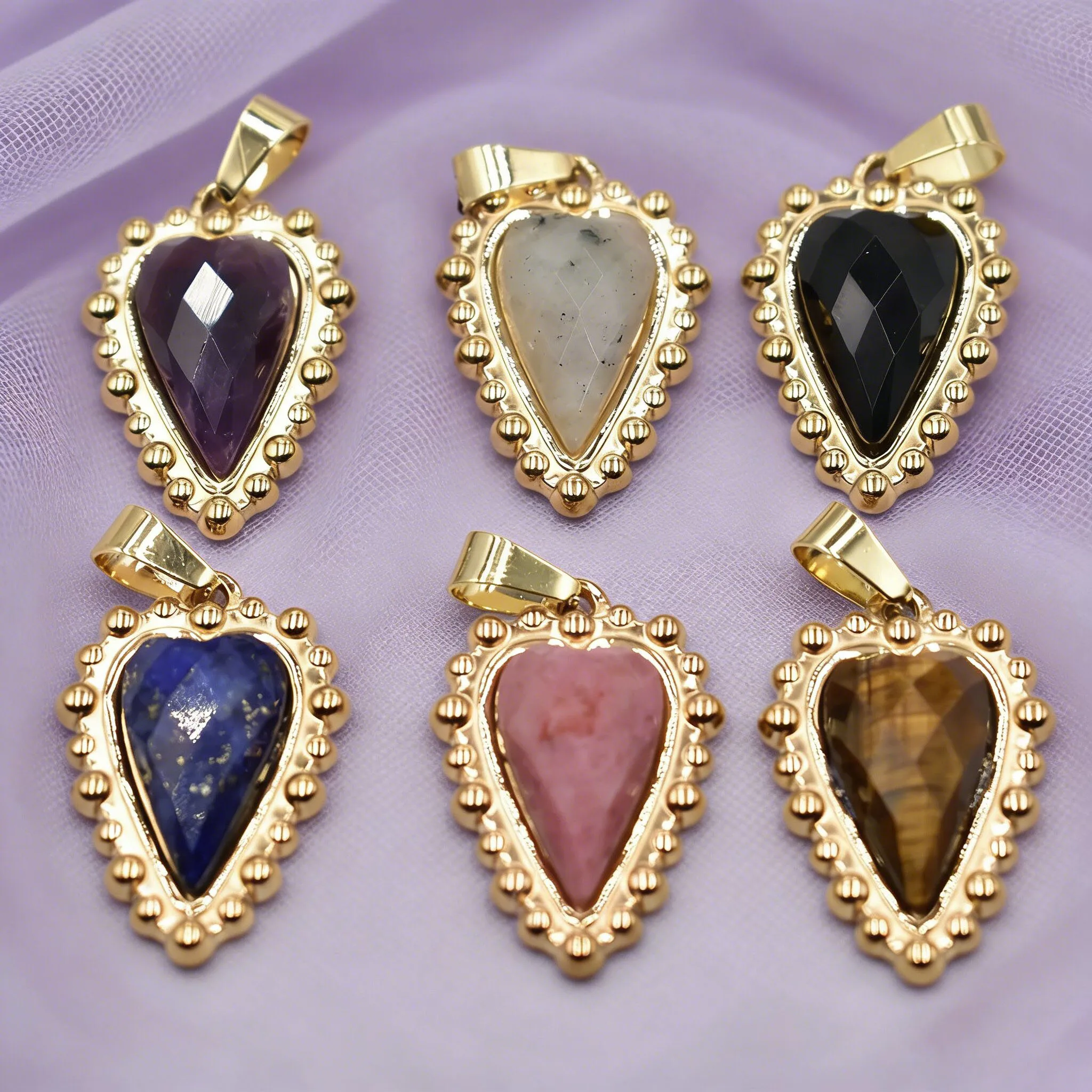 3pcs/lot Fashion Natural Stone Pendant Faceted Heart 18k Gold Color Stainless Steel Charms for Jewelry Accessories Marking