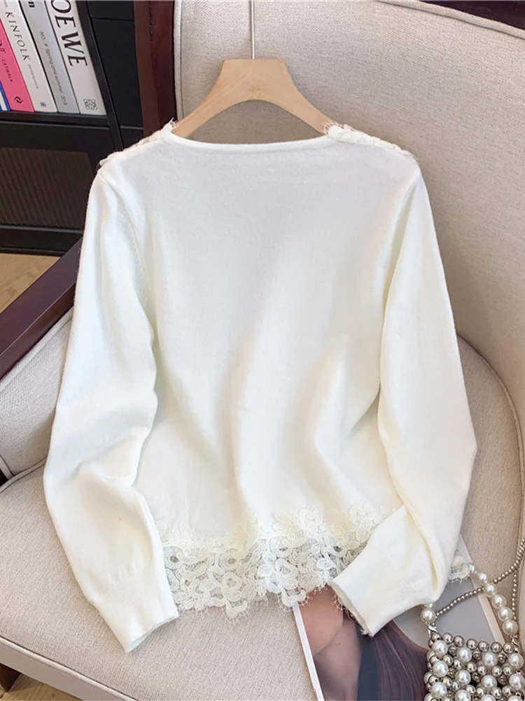 Women's White Lace Pullover Sweater Harajuku Y2k Long Sleeve Knitted Sweaters 90s Aesthetic Vintage 2000s Fashion Clothes Autumn