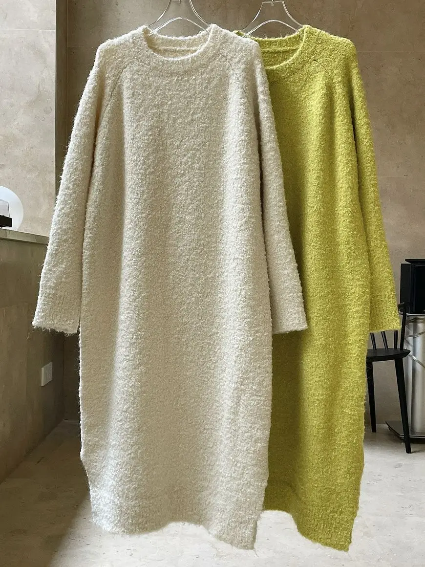 HanOrange 2024 Winter Lazy Wool Loop Yarn Sweater Dress Warm Soft Waxy Midi Dress Off White/Yellow Green