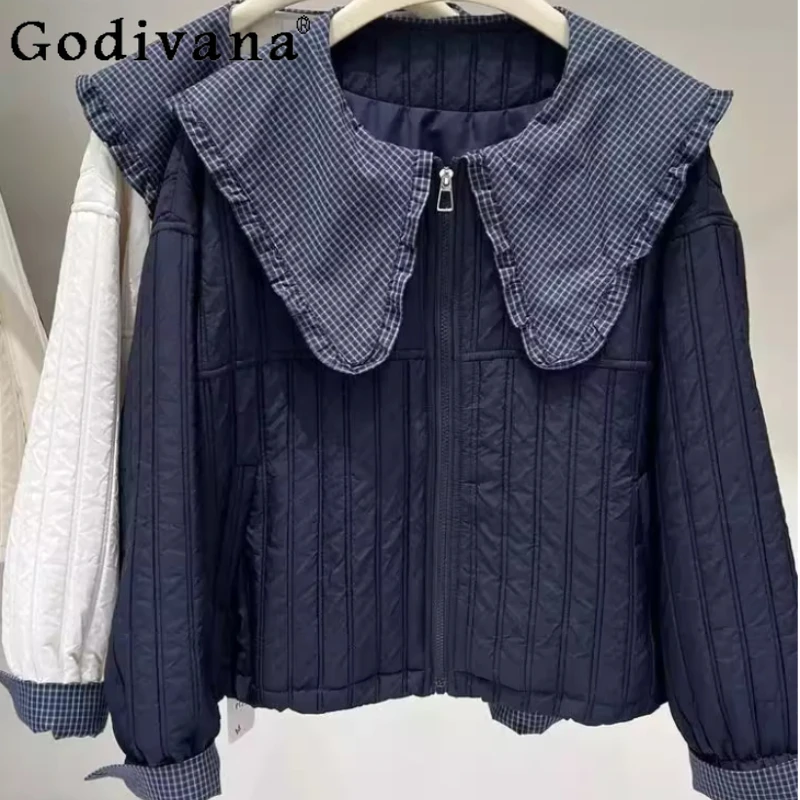 

Большой размер, милая корейская клетчатая хлопковая куртка с воротником Питера Пэна, женская осенне-зимняя теплая возрастная свободная хлопковая куртка на молнии