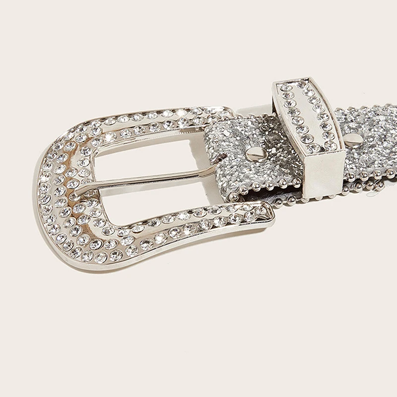 حزام نسائي أنيق مطبوع مرصع بحجر الراين بالكامل من جلد البولي يوريثان حزام خصر لامع قابل للتعديل لحفلات النادي