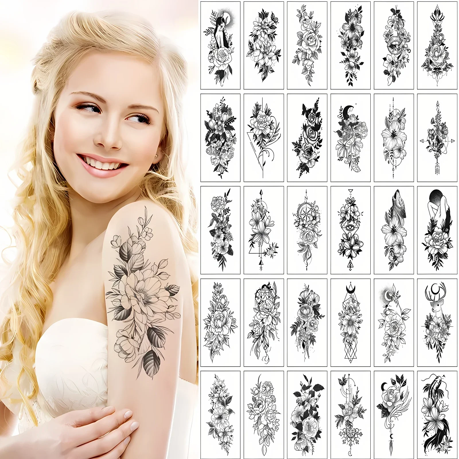 30pcs/lot Tattoos Sticker for Women Ladies Black Flower Dark Girls Succubus Plant Temporary Transfer Tattoos Decor Neck Forearm