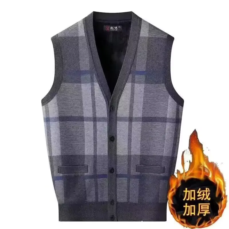 Men's Fleece Knitted Waistcoat 2025 Male V-neck Keep Warm Fleece Vest Autumn Winter Dad's Thick Knitted Cardigan Outwear Coat