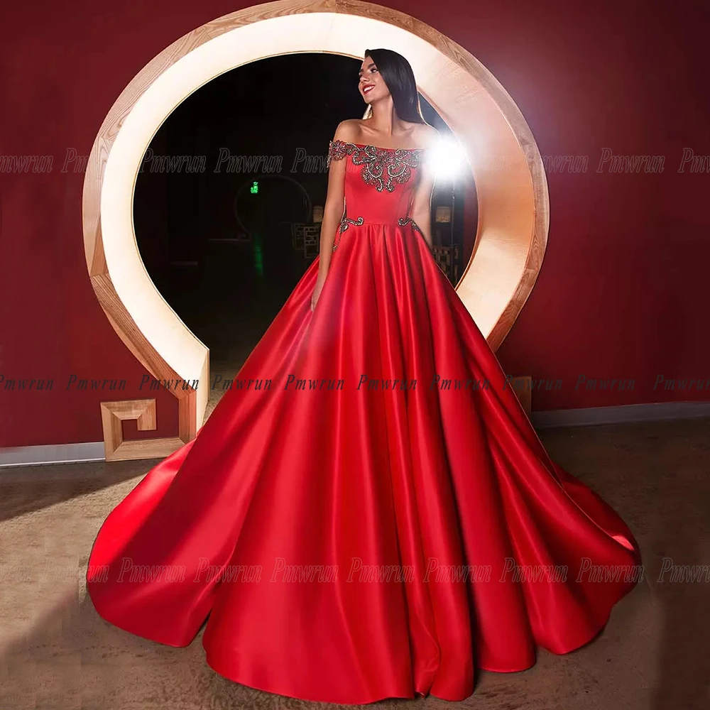 Red Satin Long Train Evening Dresses Baot Neck Off Shoulder With Embroidery A Line Formal Party Gown Wedding Wear For Bride