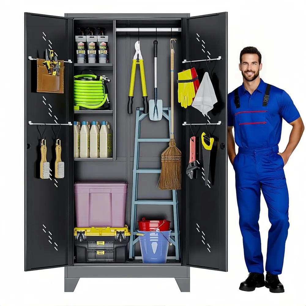 

Прочный уличный металлический шкаф для хранения вещей с запираемыми вентилируемыми дверцами, перфорированным основанием, подвесным стержнем, крючками и легкой сборкой