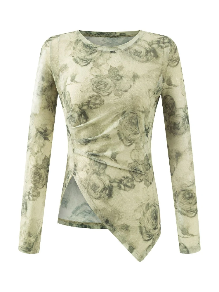 

Korobov, осенние повседневные элегантные тонкие футболки с круглым вырезом и длинными рукавами в стиле пэчворк, нерегулярные тонкие футболки