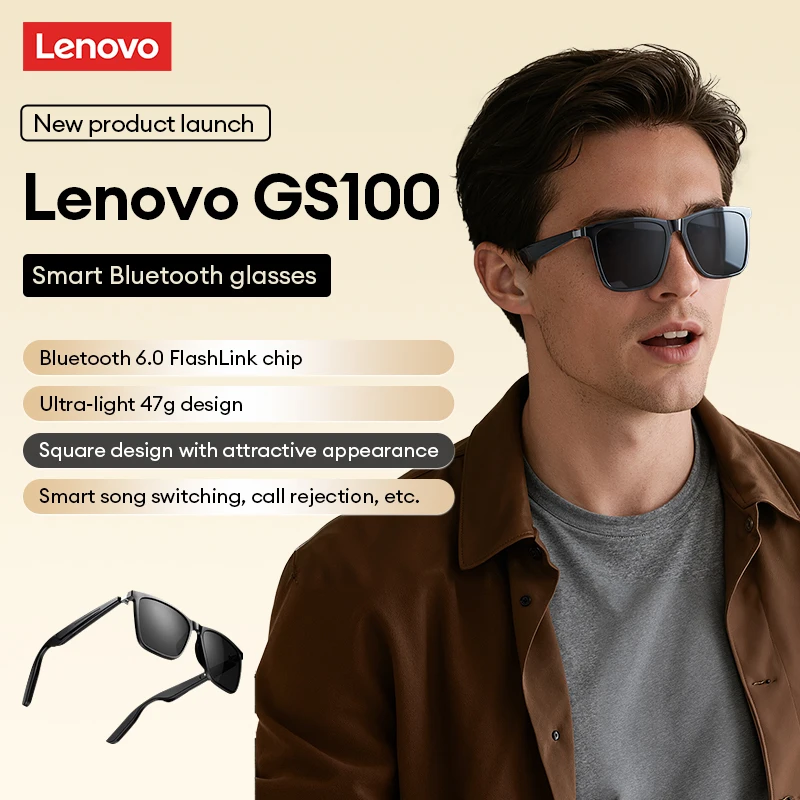 

Lenovo Classic GS100 Wireless Smart Glasses Bluetooth 6.0 Fashionable Sunglasses Clear Calls Headphones Hands-Free For Travel