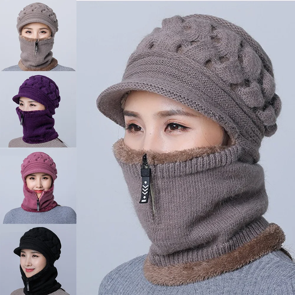 Feminino cachecol de malha máscara chapéu conjunto inverno quente gorro chapéu elástico macio malha proteção de orelha à prova de vento neve esqui boné chapéu de uma peça