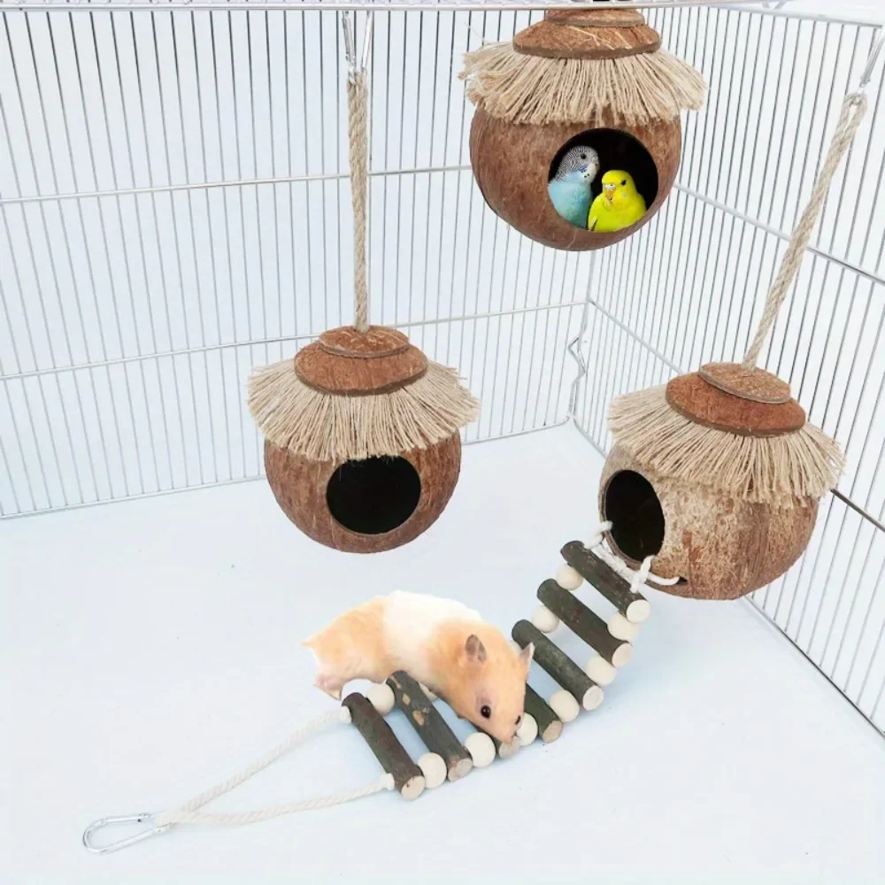 Hamster, Parrot, Honey Bag, Glider, Coconut Shell Nest, Coconut Shell Breeding Nest, with Ladder Toy Cage for Landscaping