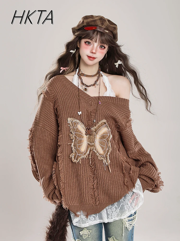 Street Punk Personality Y2k Sweater Women's Hollow V-Neck Long Sleeve Knitted Sweater Jumper Autumn Skinny Sweaters Outer Wear