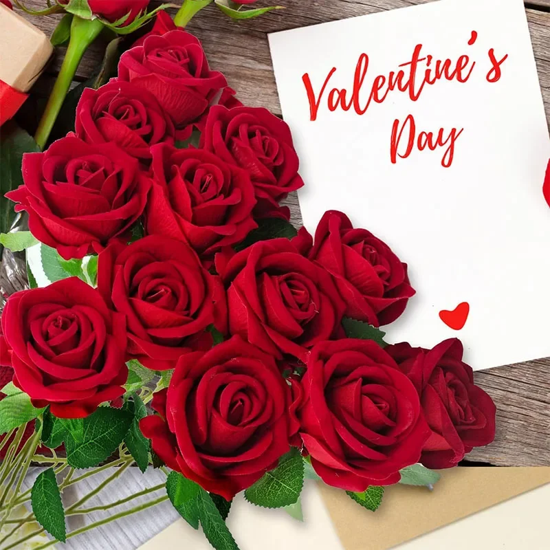 30 Pcs Velvet Rose Artificial Flowers with Long Stems Real Touch Fake Silk Roses Florals for Wedding Bouquet Party Home Decor