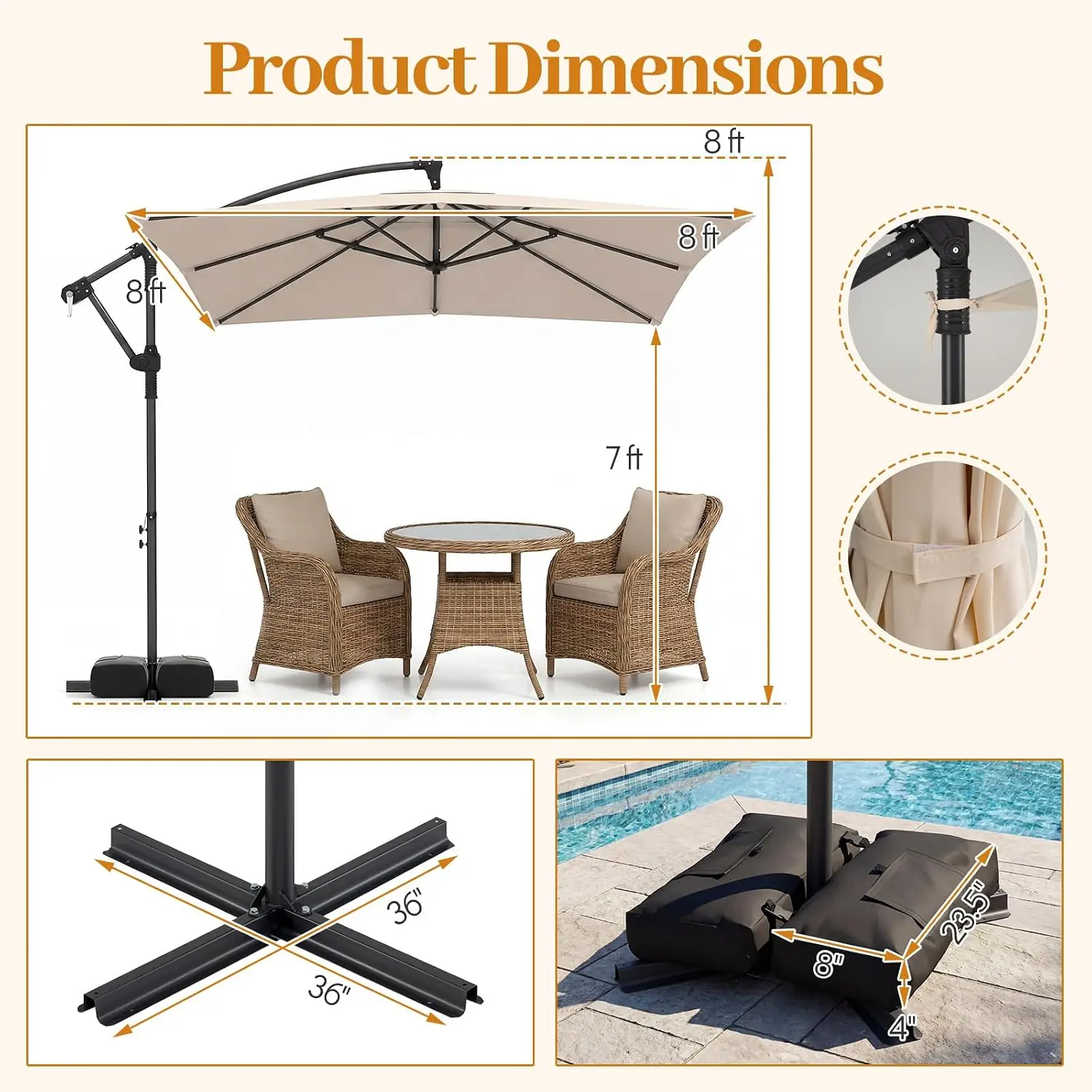 8x8 FT Patio Umbrella with Base Included, Square Offset Cantilever Outdoor Umbrella with 360 Degree Rotation, Customized