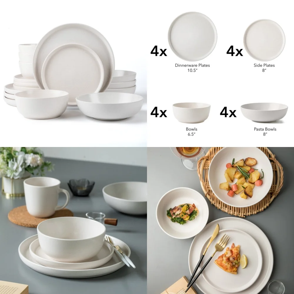 

Ceramic Tableware SetRound Stoneware 16 Piece Dinnerware Set for 4 Includes Dinner and Side Bowls Perfect for Modern Dining