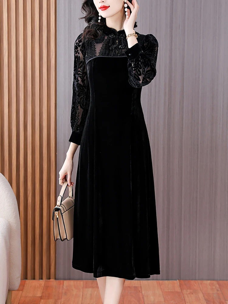 Female Korean Vintage Hepburn Evening Long Dress Autumn Winter Black Velvet Patchwork Lace Dress 2024 Fashion Elegant Prom Dress