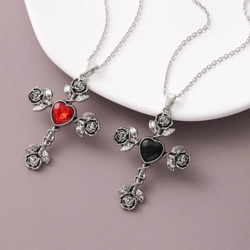 T4MD Thorn Rose Crosses Pendant Necklace with Gothic Charm for Gatherings