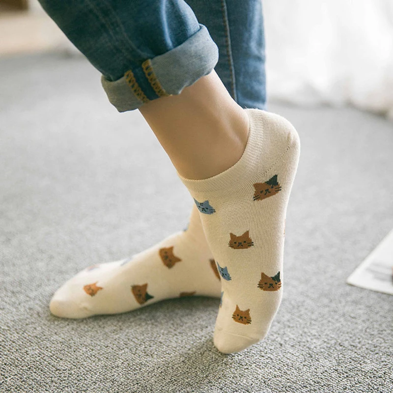 5 Pairs New Cat Face Soft Cotton Cute Fresh Japanese Retro Chic Lovely Kitten Short Ankle Socks Dropship