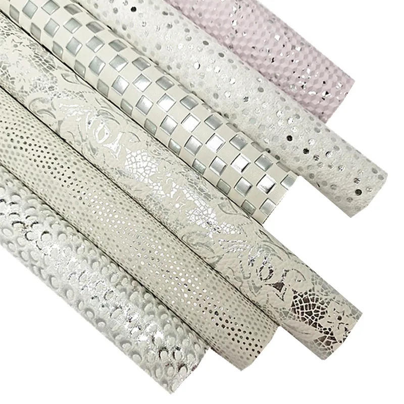 White Faux Leather Sheets Grids Plaids Flowers Embossed Synthetic Leather Dots Peacock Tails Fabric for Craft 8.2