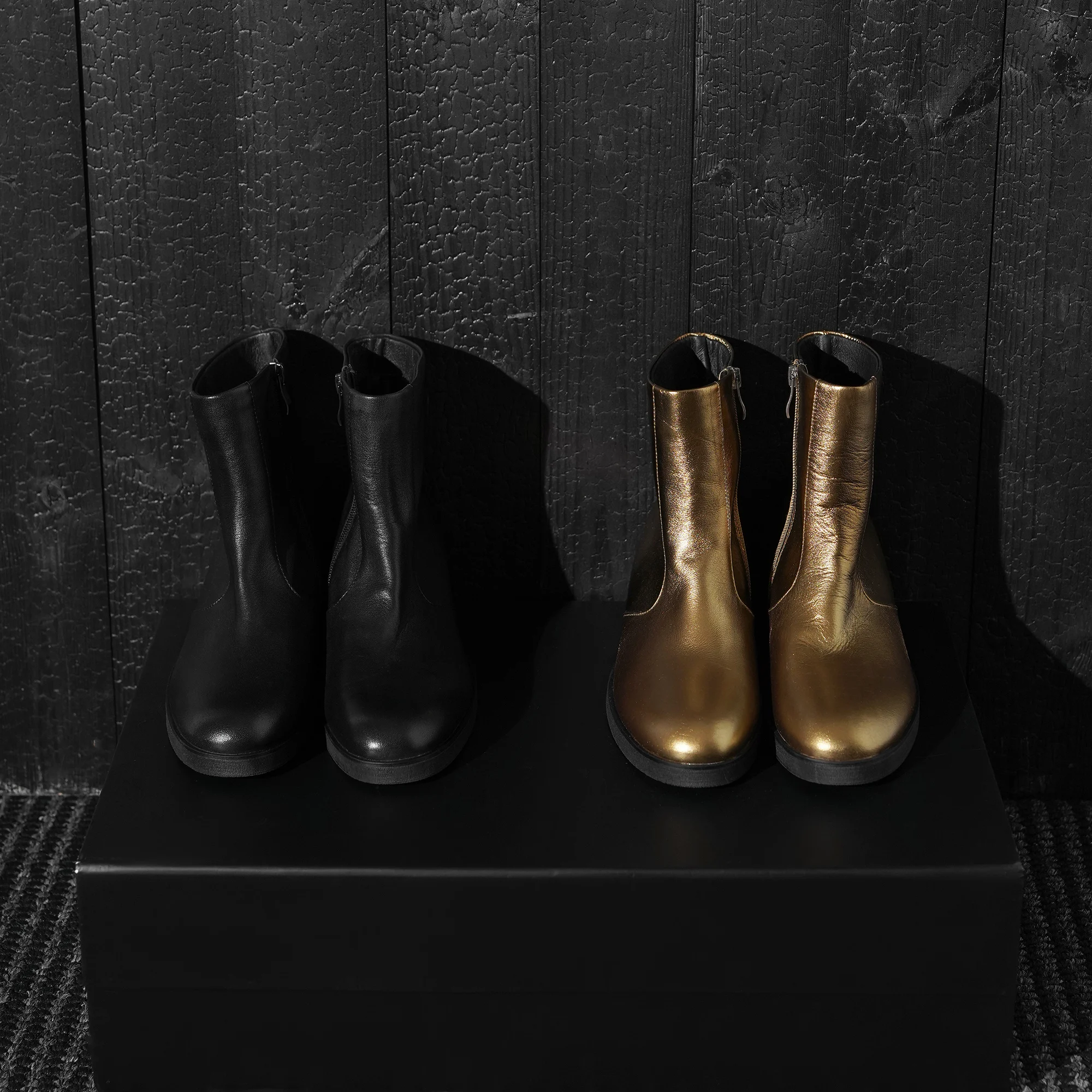 2026 Autumn Winter Women Ankle Boots Genuine Leather Chunky Heels Black Golden Platform Booties Casual Female ZIP Shoes