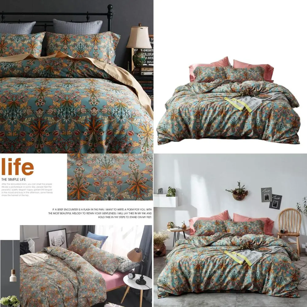 

Green Gold Duvet Cover Queen,Medallion Paisley Print Bedding Set 400 Thread Count Percale Cotton Vibrant Bohemian Pattern Quit C
