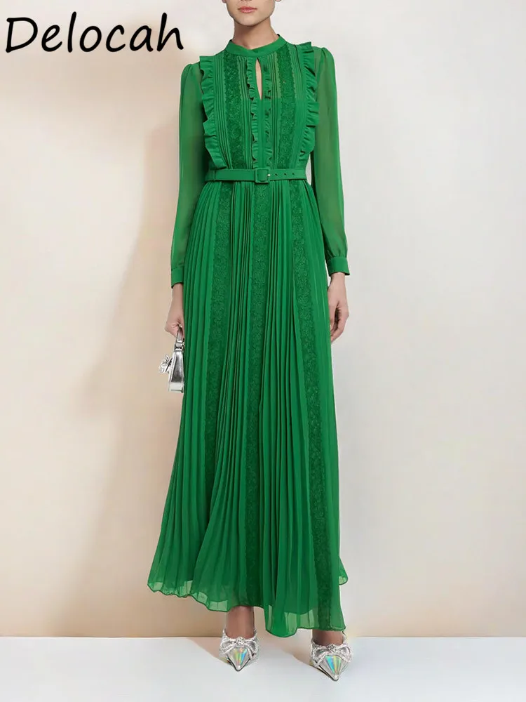 

Delocah High Quality French Niche Green Dress Women's Belt Lace Long Pleated Dress Long Sleeve Women's Long Women Dress